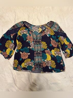 Figueroa & Flower Boho Floral Crochet Blouse Navy PL Whimsigoth Cottagecore